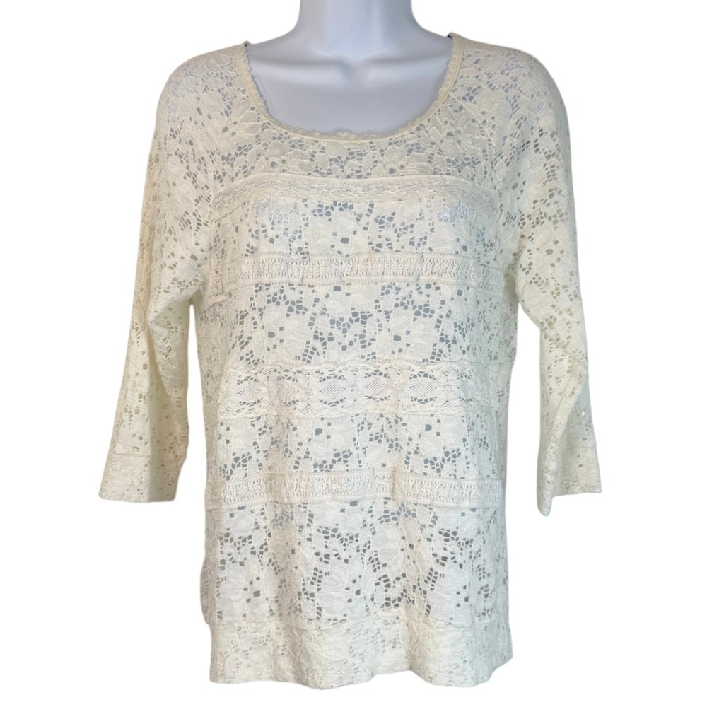 One September Anthropologie Sheer Lace Top S Ivory Stretch Boho Cottage Fairy - Picture 2 of 8